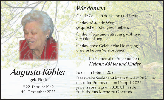 Traueranzeige von Augusta Köhler von FZ