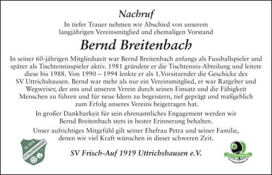 Traueranzeige von Bernd Breitenbach von FZ