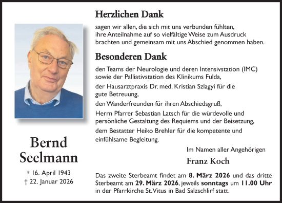 Traueranzeige von Bernd Seelmann von FZ