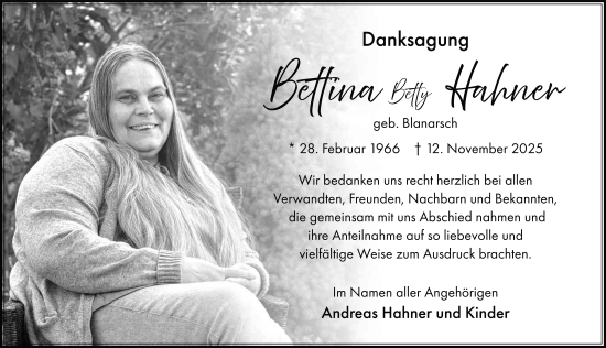 Traueranzeige von Bettina Hahner von FZ
