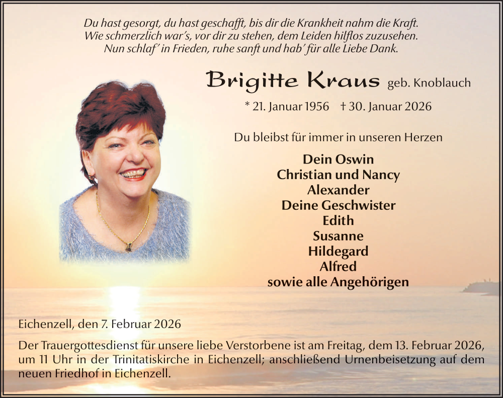  Traueranzeige für Brigitte Kraus vom 07.02.2026 aus FZ