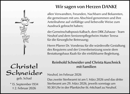 Traueranzeige von Christel Schneider von FZ
