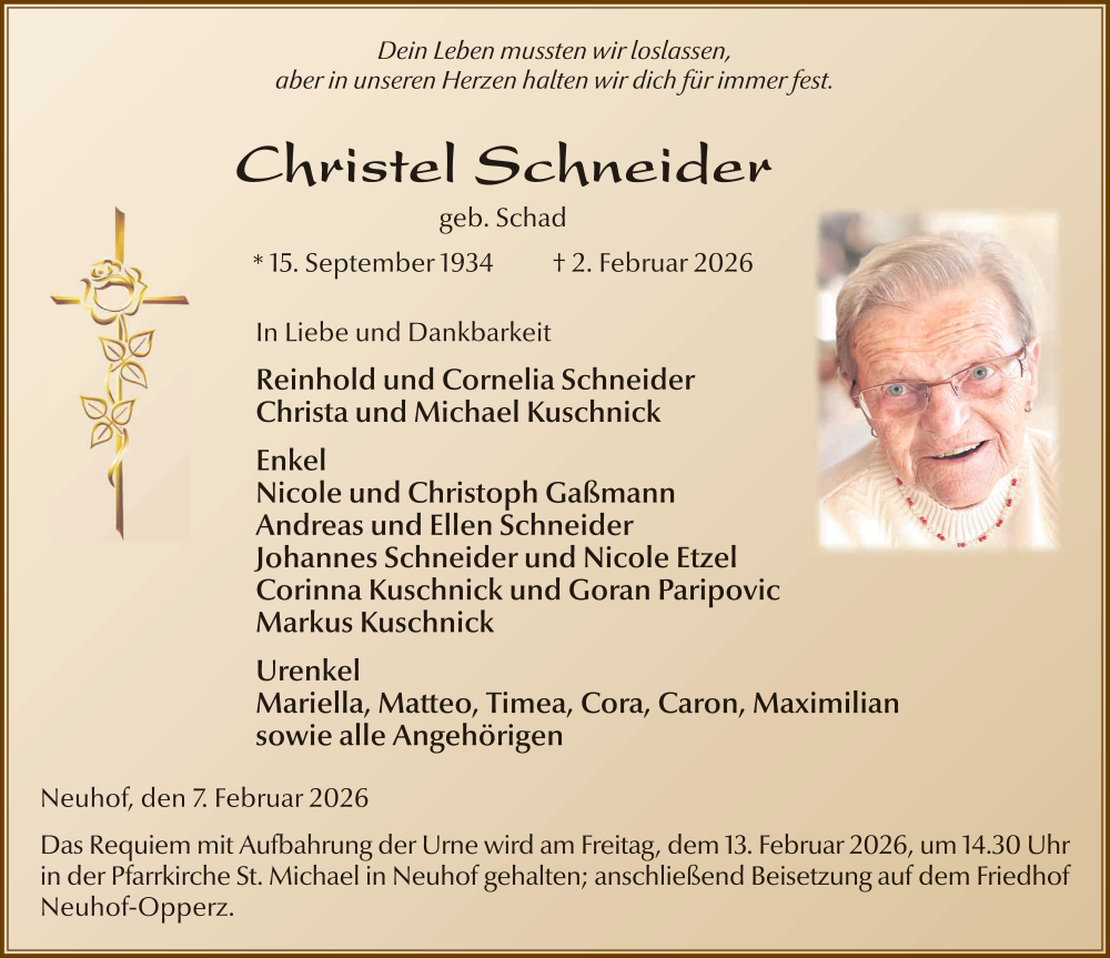  Traueranzeige für Christel Schneider vom 07.02.2026 aus FZ