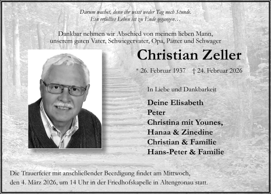 Traueranzeige von Christian Zeller von FZ