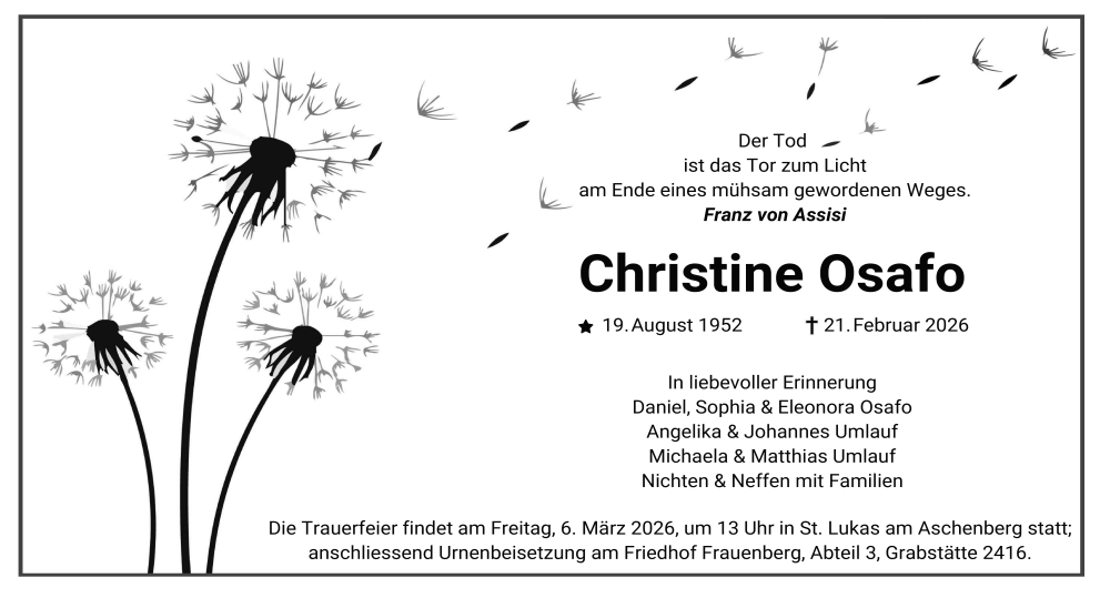  Traueranzeige für Christine Osafo vom 28.02.2026 aus FZ