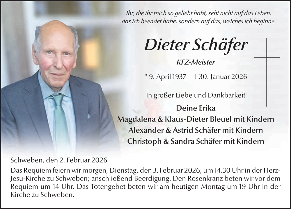  Traueranzeige für Dieter Schäfer vom 02.02.2026 aus FZ