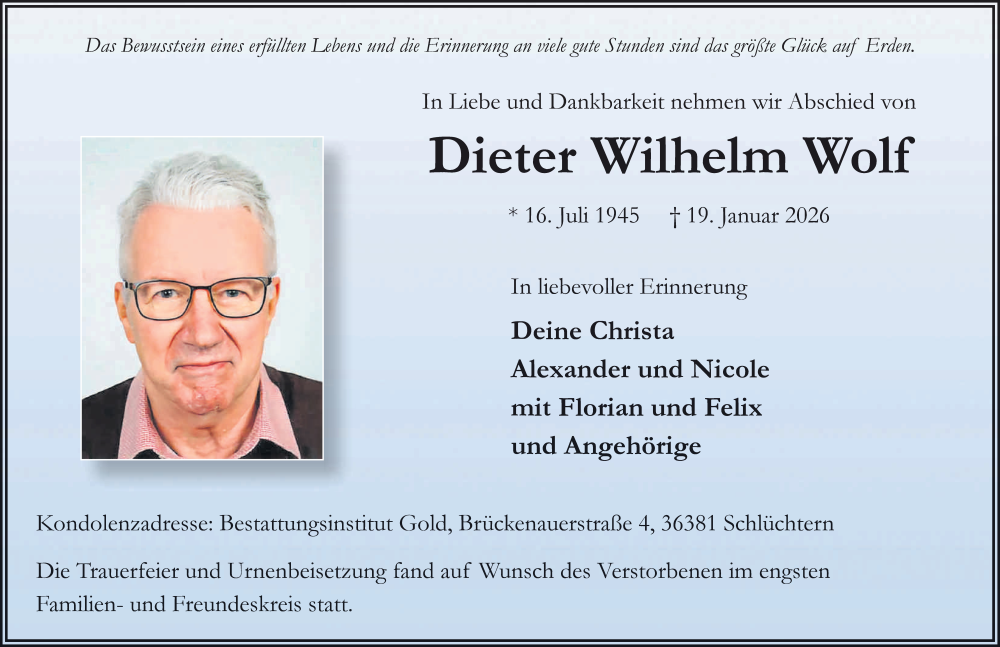  Traueranzeige für Dieter Wilhelm Wolf vom 14.02.2026 aus FZ