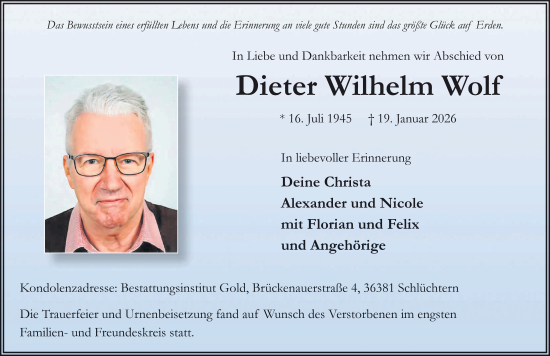 Traueranzeige von Dieter Wilhelm Wolf von FZ