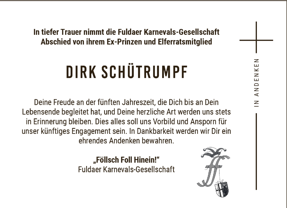  Traueranzeige für Dirk Schütrumpf vom 07.02.2026 aus FZ