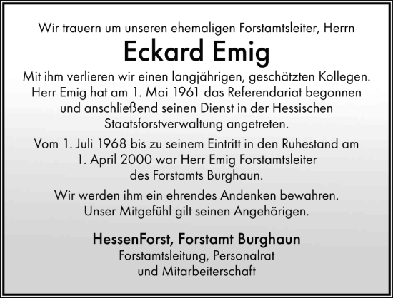 Traueranzeige von Eckard Emig von FZ