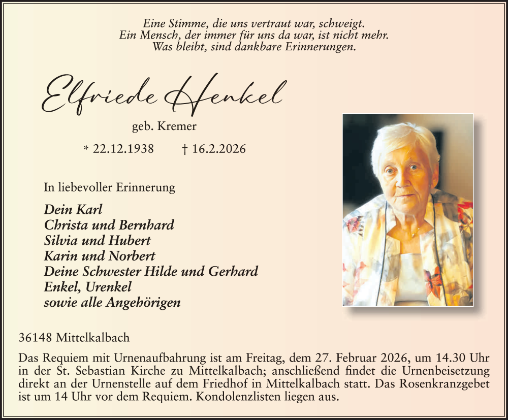  Traueranzeige für Elfriede Henkel vom 24.02.2026 aus FZ