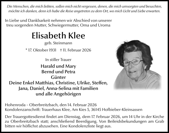 Traueranzeige von Elisabeth Klee von FZ