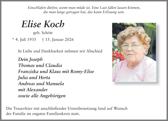 Traueranzeige von Elise Koch von FZ