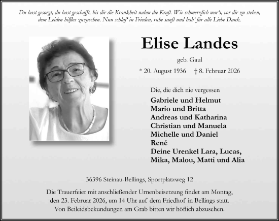 Traueranzeige von Elise Landes von FZ
