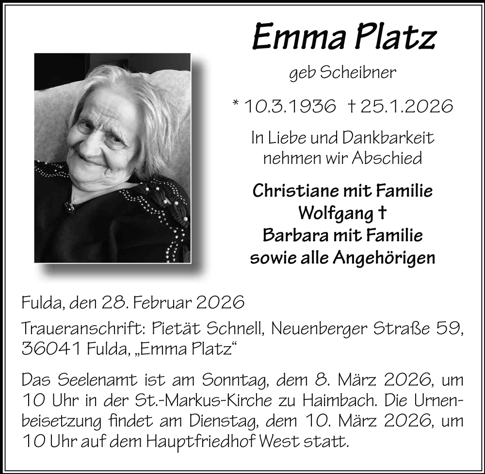  Traueranzeige für Emma Platz vom 28.02.2026 aus FZ