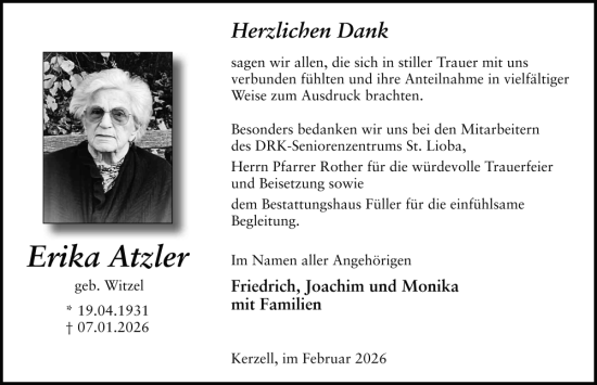 Traueranzeige von Erika Atzler von FZ