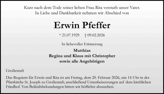 Traueranzeige von Erwin Pfeffer von FZ