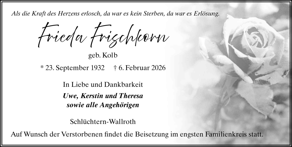  Traueranzeige für Frieda Frischkorn vom 14.02.2026 aus FZ
