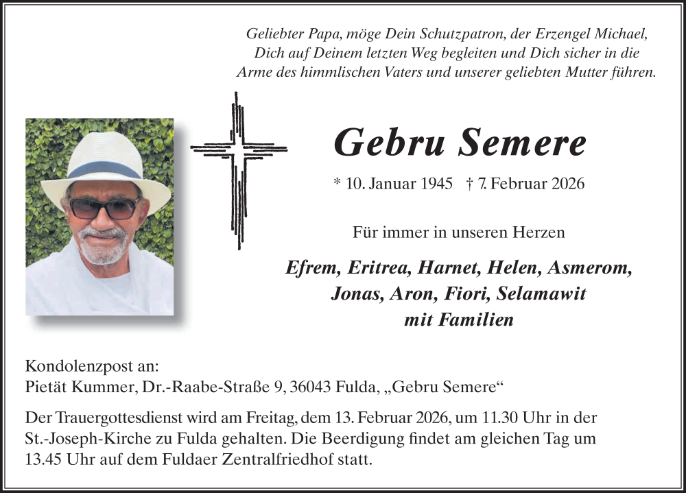 Traueranzeige für Gebru Semere vom 11.02.2026 aus FZ