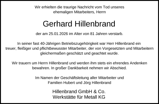 Traueranzeige von Gerhard Hillenbrand von FZ
