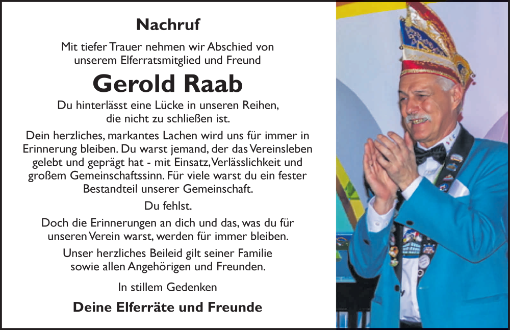  Traueranzeige für Gerold Raab vom 14.02.2026 aus FZ