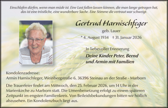 Traueranzeige von Gertrud Harnischfeger von FZ