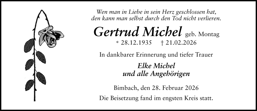  Traueranzeige für Gertrud Michel vom 28.02.2026 aus FZ