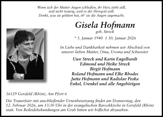 Traueranzeige von Gisela Hofmann von FZ