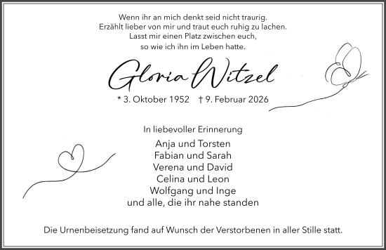 Traueranzeige von Gloria Witzel von FZ