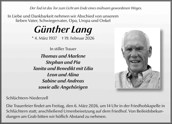 Traueranzeige von Günther Lang von FZ
