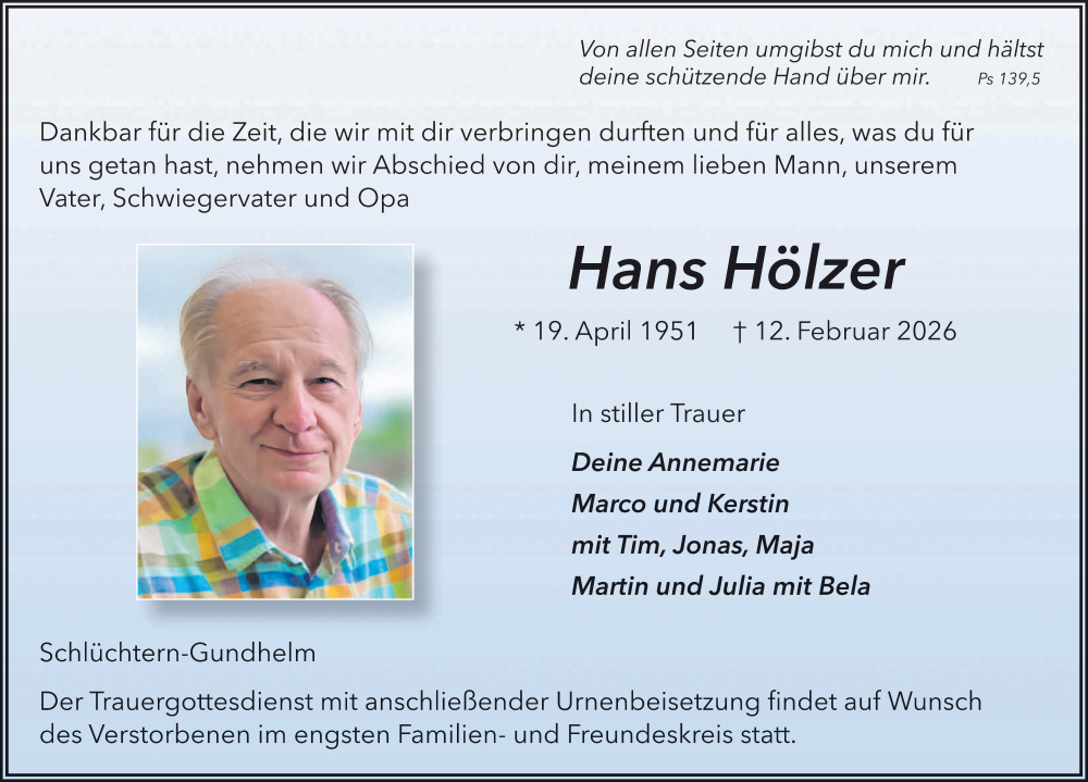  Traueranzeige für Hans Hölzer vom 21.02.2026 aus FZ