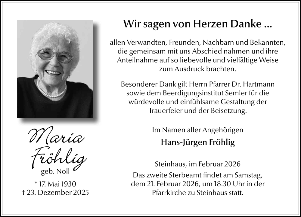  Traueranzeige für Maria Fröhlig vom 14.02.2026 aus FZ