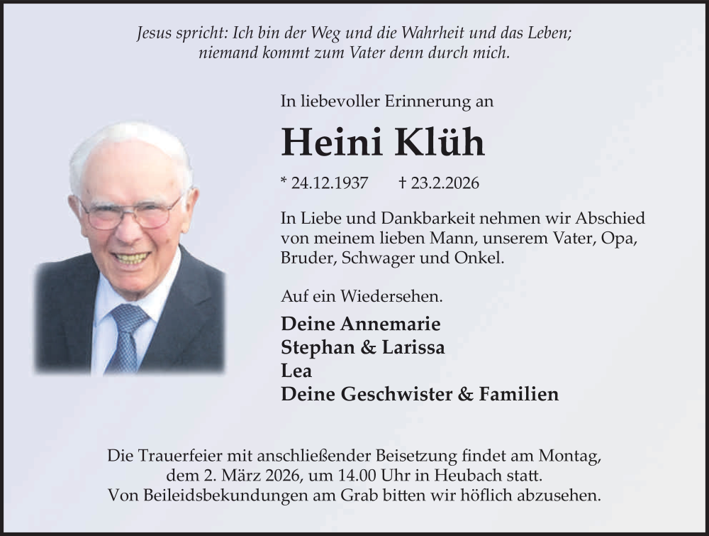  Traueranzeige für Heini Klüh vom 27.02.2026 aus FZ