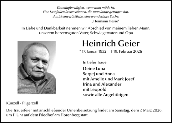 Traueranzeige von Heinrich Geier von FZ