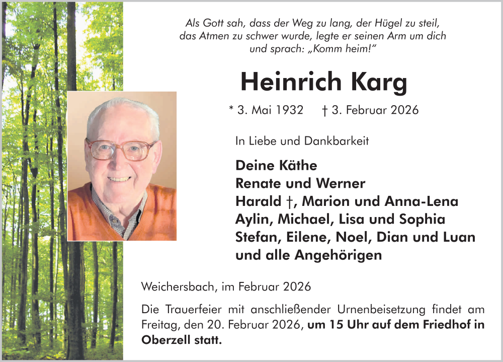  Traueranzeige für Heinrich Karg vom 14.02.2026 aus FZ