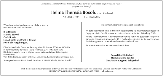 Traueranzeige von Helma Theresia Bosold von FZ