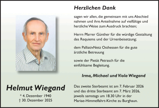 Traueranzeige von Helmut Wiegand von FZ