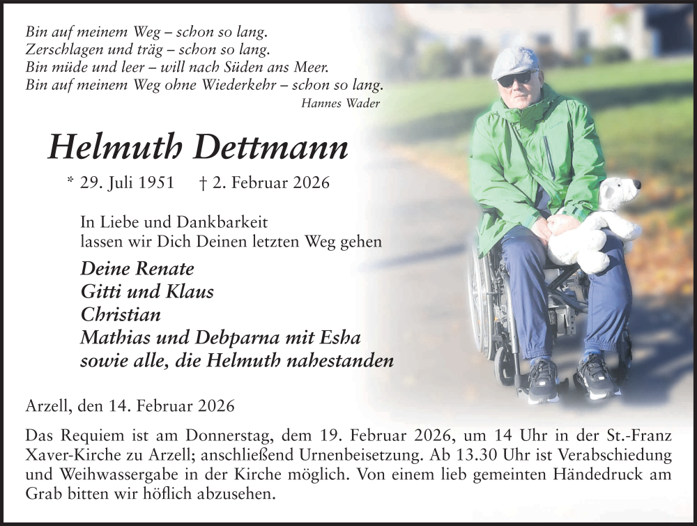  Traueranzeige für Helmuth Dettmann vom 14.02.2026 aus FZ