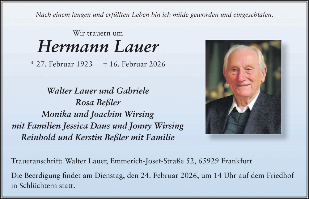  Traueranzeige für Hermann Lauer vom 21.02.2026 aus FZ