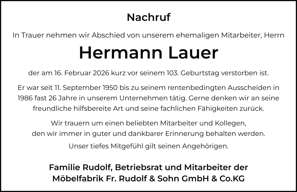  Traueranzeige für Hermann Lauer vom 21.02.2026 aus FZ