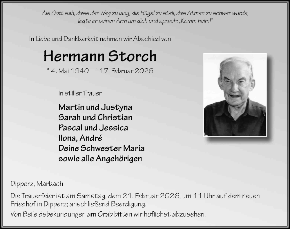  Traueranzeige für Hermann Storch vom 19.02.2026 aus FZ