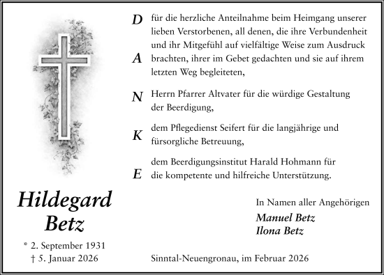 Traueranzeige von Hildegard Betz von FZ