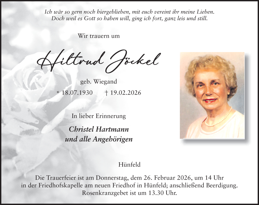 Traueranzeige für Hiltrud Jöckel vom 24.02.2026 aus FZ