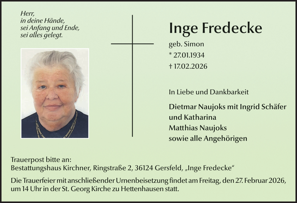  Traueranzeige für Inge Fredecke vom 25.02.2026 aus FZ