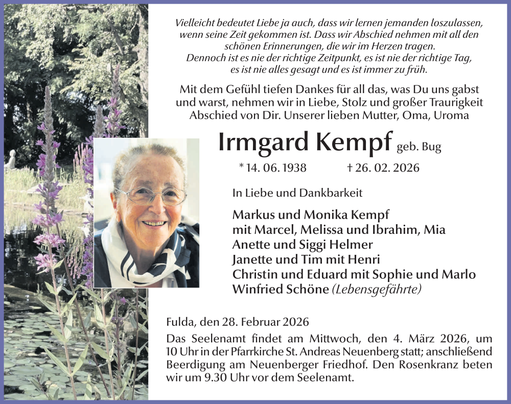  Traueranzeige für Irmgard Kempf vom 28.02.2026 aus FZ