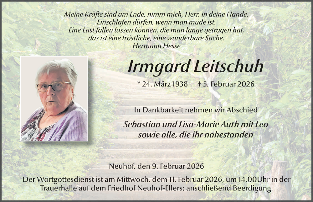  Traueranzeige für Irmgard Leitschuh vom 09.02.2026 aus FZ