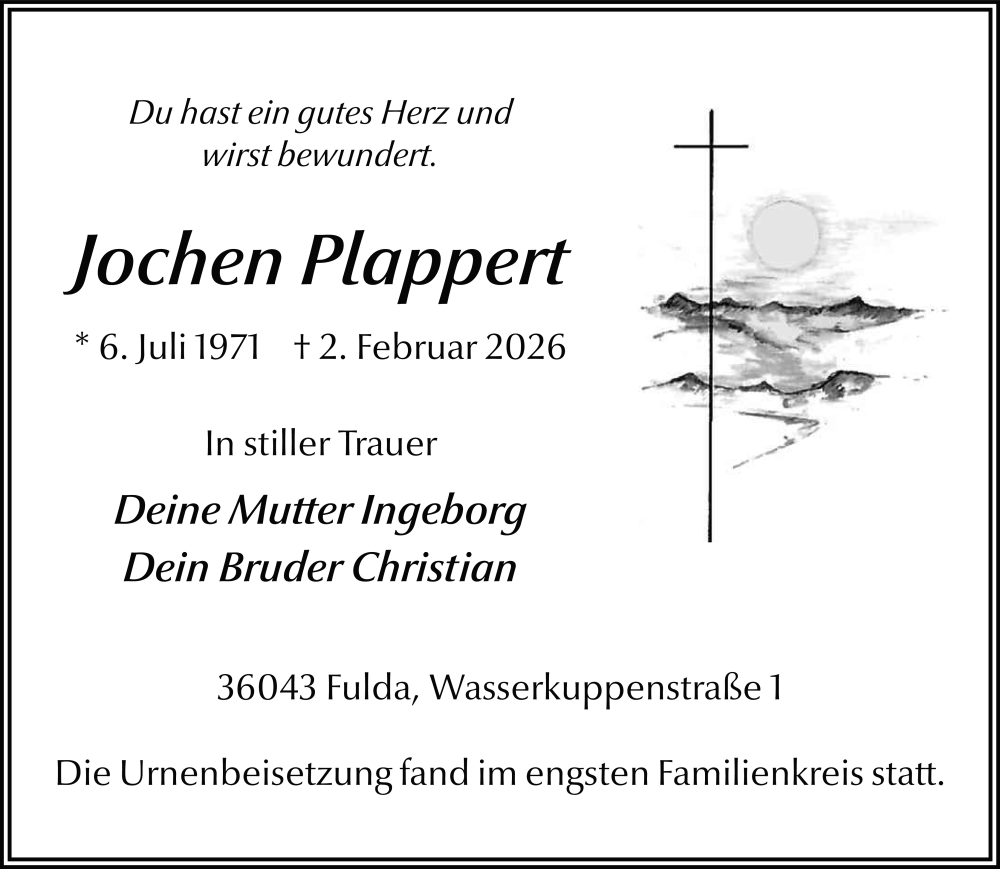  Traueranzeige für Jochen Plappert vom 21.02.2026 aus FZ