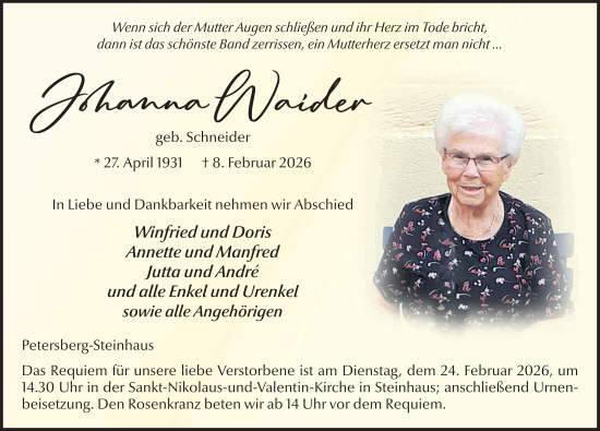 Traueranzeige von Johanna Waider von FZ