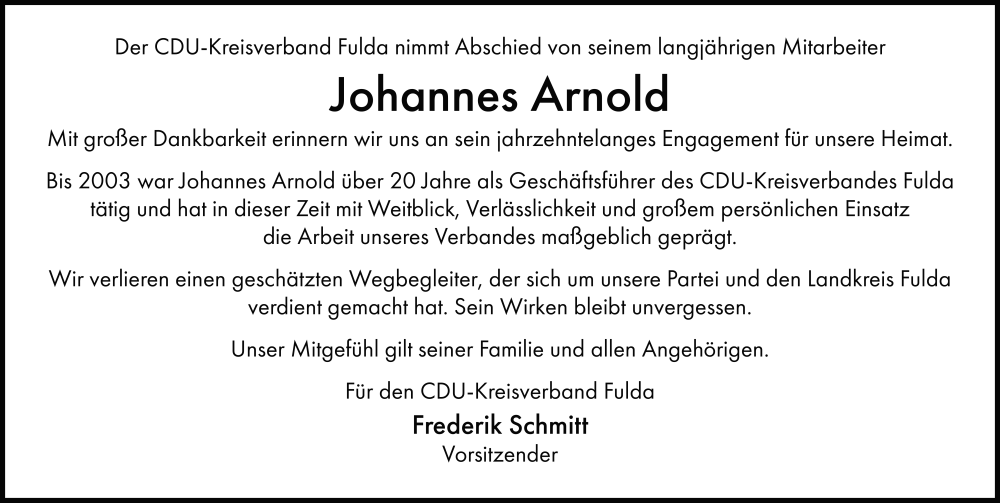  Traueranzeige für Johannes Arnold vom 28.02.2026 aus FZ