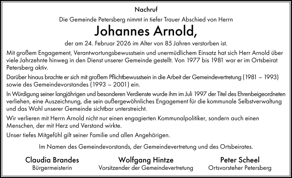  Traueranzeige für Johannes Arnold vom 28.02.2026 aus FZ